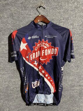 Hyper Threads Cycling Jersey Mens Large Blue Cache Gran Fondo Full Zip Pockets